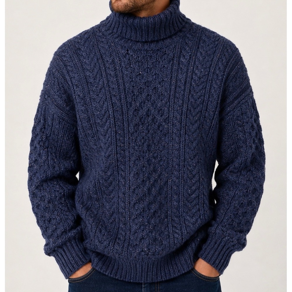 Country Club Mens XL Irish Wool Aran Cable Knit Turtleneck Sweater Ireland Blue
